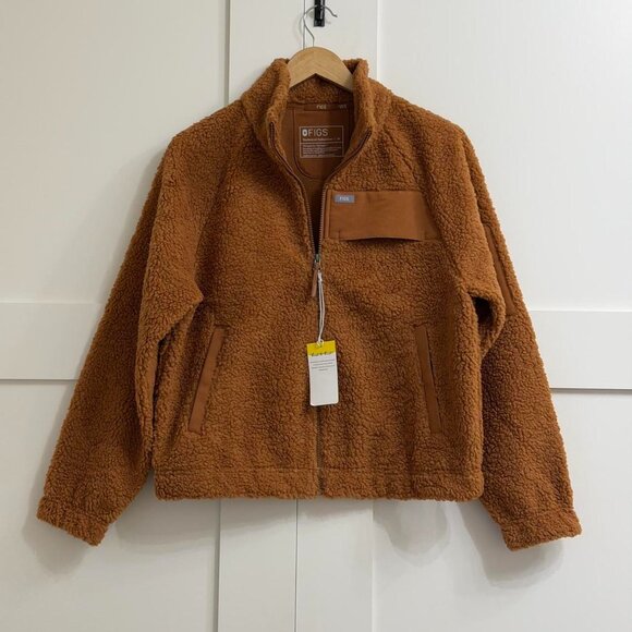 Figs On-Shift High Pile Fleece Bomber Jacket in Mocha, Size Medium - Picture 9 of 12